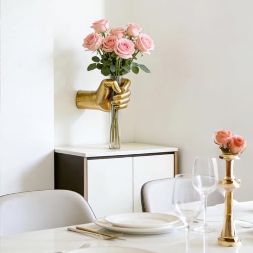 Gold Wall Sculptures, Hand Wall Vases Home Decor, Wall Mount Art Sculpture, Unique Wall Art Statue Vase Decor, Modern Hanging Vase for Living Rooms Decor,Hanging Test Tube Vase Statue(Gold)