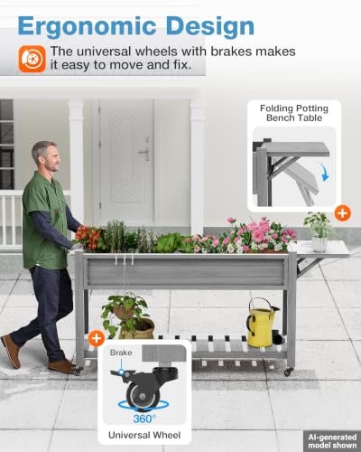 YEFU Raised Garden Bed with Legs, HIPS, Waterproof, 57x18x30in, Grey - color: Gray, size: All-in-One Rolling Planter(1PC)