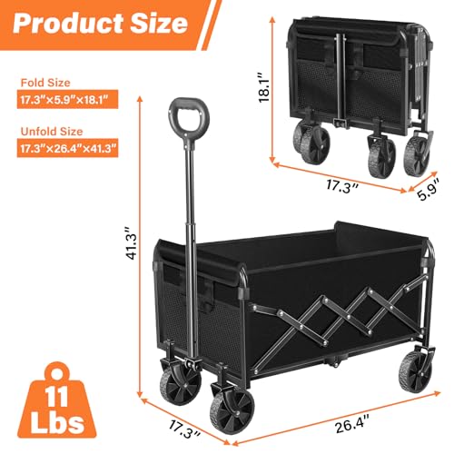 Wagons Carts Foldable, Collapsible Wagon with Wheels — Durable Folding Utility Pull Wagon Cart for Groceries, Picnic & Pets, Park Trips & Small Hauls, 280 lbs Heavy Duty Capacity,Graphite Black - color: Graphite Black
