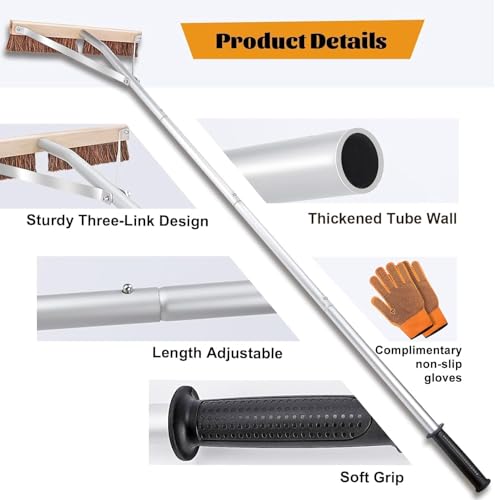 Leaf Roof Brush and Roof Rake, Adjustable Length Roof Cleaning Tool, Remove Roof Leaves Safely, with Natural Brush Head, Lightweight, Easy to Use & Store (21 ft)