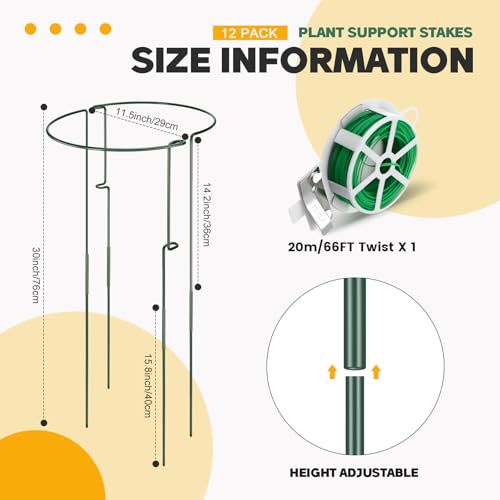 Menkxi 12 Pack Peony Supports Plant Support Stakes 30" h x 11" w Half Round Peony Cages with 65.6 ft Twist Tie Heavy Duty Garden Stake Metal Flower Cage for Indoor Outdoor Monstera Tomato Hydrangea