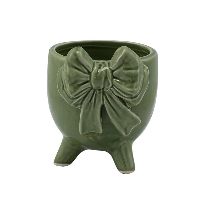 Napco Chic Footed Ceramic Planter – Small 3.25 x 4.75 Inch Glossy Green Flower Pot with Sculpted Bow Accent | Stylish Decorative Planter for House Plants, Succulents & Herbs, Home or Office Décor