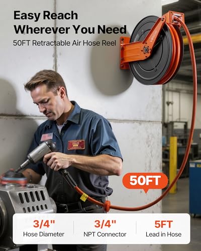 VEVOR Retractable Air Hose Reel, 3/4 Inch x 50 FT PVC Air Hose Max 300PSI, Auto Rewind Air-Compressor Hoses Reel with 5 ft Lead in, Ceiling/Wall Mount Heavy Duty Steel Double Arm - size: 3/4 in x 50 ft