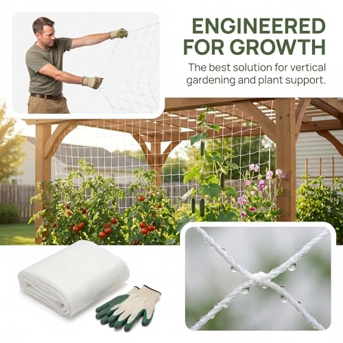 Plant Support Trellis Netting, Heavy Duty 5ft x 15ft/152cm x 457cm Polyester Grow Net for Climbing Plants, Vines, Vegetables, Garden White
