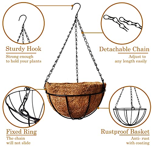 Hanging Baskets for Plants Outdoor(8 inch 4 Pack)- Coconut Coir Hanging Planters Outdoor, Metal Wire Baskets with Coco Liner, Hanging Pots for Plants Indoor, Flower Pots for Railings