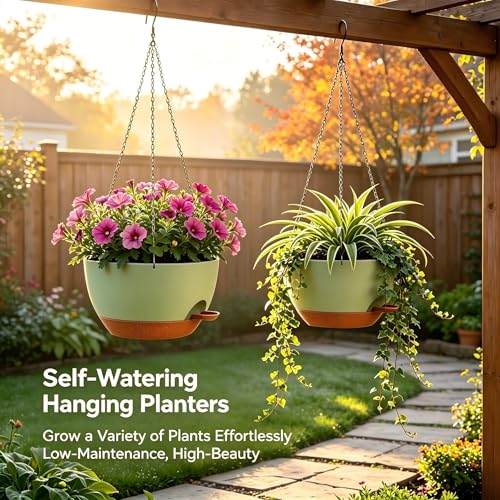 2 Pack 12 Inch Self‑Watering Hanging Planters Plant Pots, Green‑Brown - color: Green Brown