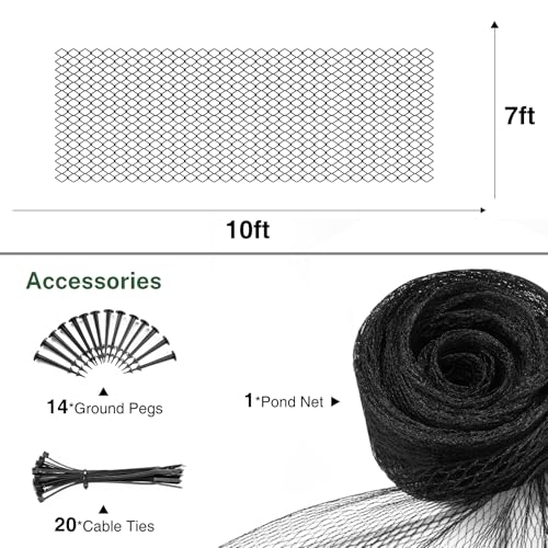 Pond Netting for Koi Ponds, 7 x 10ft Koi Pond Net Cover, Durable & Sturdy Pond Netting Cover for Leaves, Protect Koi Fish Against Herons, Raccoons, Cats & Predators, 12pcs Stakes Included - size: 7 × 10 ft