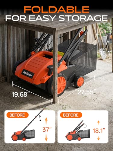 MAXLANDER 13 Inch Electric Dethatcher and Scarifier, 12 Amp Lawn Dethatcher with 4-Position Depth Adjustment, 30L Thatch Bag, 2-in-1 Walk Behind for Lawn Garden Care Removing Thatch - color: Orange/Black