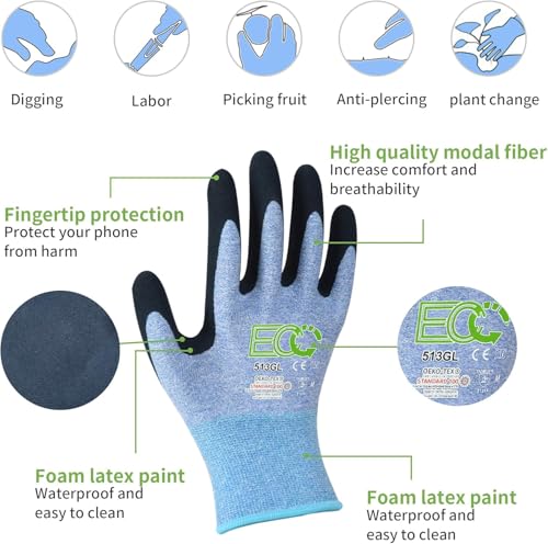 7 Pairs Women Gardening Gloves, EN388 2131X Outdoor Protective Work Gloves with Breathable Micro-Foam Coating for Gardening, General Purpose, Courtyard, 3 Purple + 3Blue +1 Grey - size: X-Large