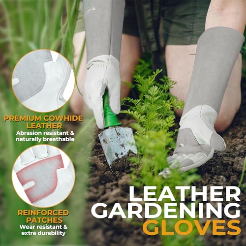 HANDLANDY Long Gardening Gloves for Men Women, Thorn Proof Rose Pruning Leather Garden Yard Gauntlet Glove, Gardening Gifts - color: Gray, size: Medium