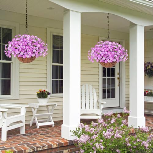 HyeFlora Artificial Fake Hanging Plants Flowers Basket for Outdoors Fall Decoration, UV Resistant Realistic Outdoor Faux Silk Morning Glory in Planter for Outside Porch Patio Balcony Garden Yard Home - color: Purple 2