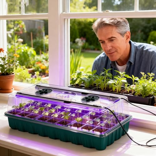 72-Cell Indoor Seed Starter Kit with Grow Lights, 2-Pack 36-Cell Seed Starter Trays with Humidity Domes, 3/6/12H Timer, 5 Brightness Levels and Removable 12-Cell Insert