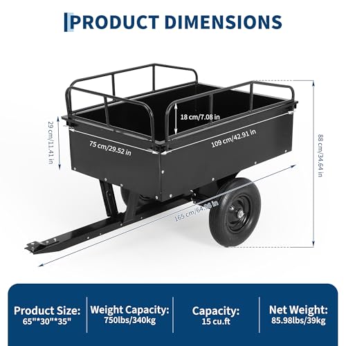 Heavy Duty ATV Trailer Tow Behind Steel Dump Cart 750LBS Capacity, 15 Cu. Ft Garden Utility Trailer with Removable Sides & Rear Hitch, Reinforced Steel Frame, for Riding Lawn Mower Tractor