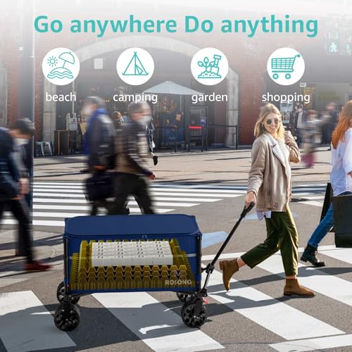 ROSONG Collapsible Wagon Cart with Wheels Foldable - Folding Utility Heavy Duty Wagons Carts for Grocery Sports Garden Shopping Camping Wheelbarrows (120L Dark Blue with Lid) - color: Navy Blue With Cover, size: 120L