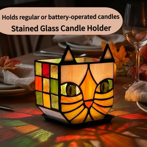 Tiffany Stained Glass Orange Cat Flower Pot,Handmade Cute Pots for Plants, Room and Office Decoration Glass Container Storage,Indoor Plant Pots with Drainage,Plant Gifts 4.6x3x5.15 in - color: Orange-white