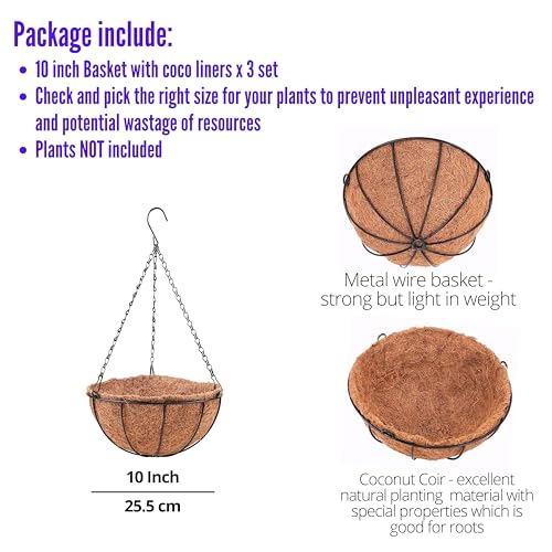 LaLaGreen Hanging Baskets for Plants (3 Pack, 10 Inch) Hanging Planter Outdoor with Coco Liner, Metal Wire Flower Basket Pots Holder Hanger Hook Deck Patio Porch Garden Balcony Outside Decoration - size: 10" x 3 Pack