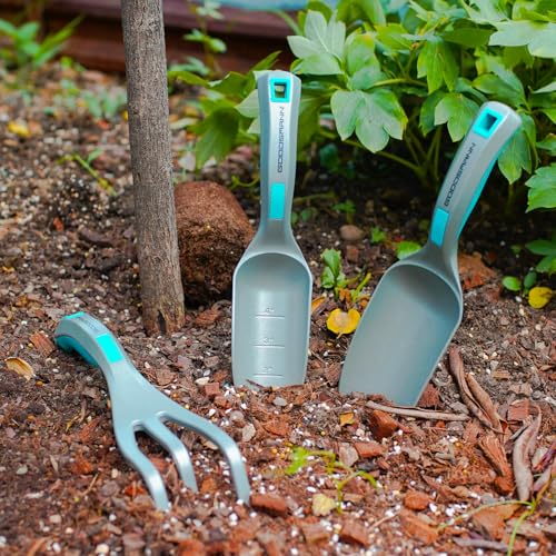 GOODSMANN Garden Tools Set, 3 Piece All One Piece Die-Cast Aluminum Gardening Kit, Hand Trowel, Marker Measurements Transplanter and Cultivator Garden Hand Shovel for Digging Weeding Planting