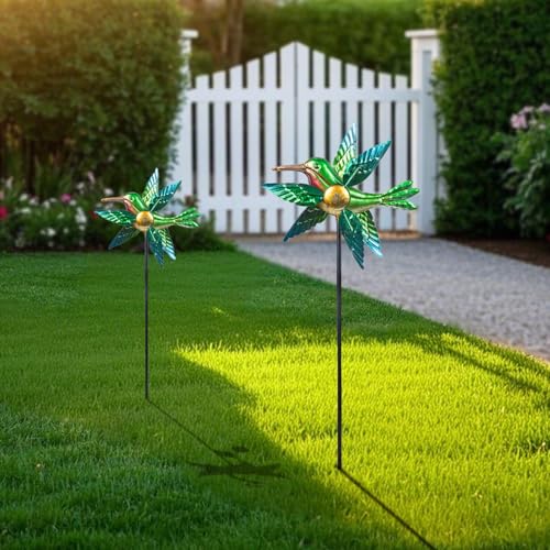 2 Pack Solar Wind Spinners, Hummingbird Metal Garden Stake Outdoor Decor - size: 2.5 ft
