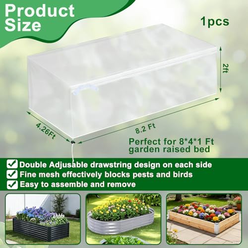 1 Pack Garden Netting for Raised Beds, Fine Mesh Bird Netting Barrier Screen with Zipper Drawstring Garden Bed Plant Cover for Protect Vegetable Fruits Crop from Animals Pest Insect, 8.2×4.3×2Ft - size: 8.2×4.3×2Ft-1 pcs