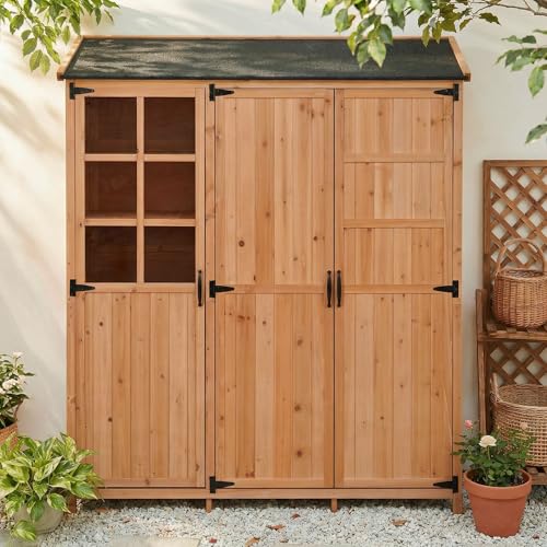 GDFStudio Winley Patio Storage Shed with Workstation, Wooden Tool Shed, Outdoor Tool Storage Cabinet with Shelves, Drawers and Hooks, Waterproof Roof Patio Garden Shed, Tool Organization, Natural