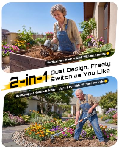 2-in-1 Cordless Tiller Cultivator, 20V Electric Rototiller with Detachable Extension Pole, 2×2.0Ah Battery, Lightweight 4.9 lbs Garden Tiller, 300 RPM for Raised Beds, Lawn, Weeding & Soil Cultivation - size: 4''x4''