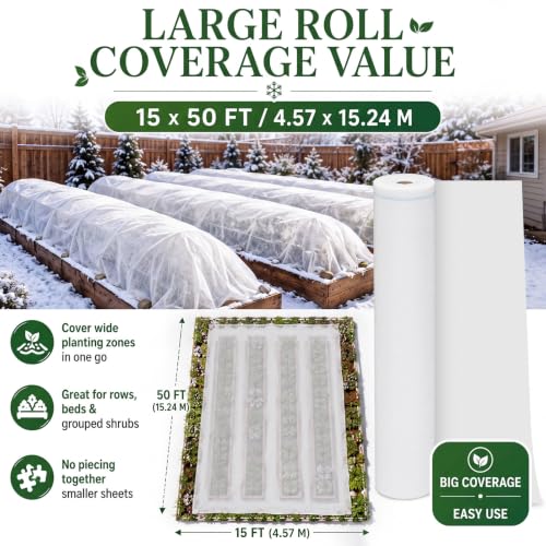 Tigeen 15 x 50 ft Frost Cloth for Plants, 45gsm Heavy Duty Frost Cover - size: 15 x 50 ft