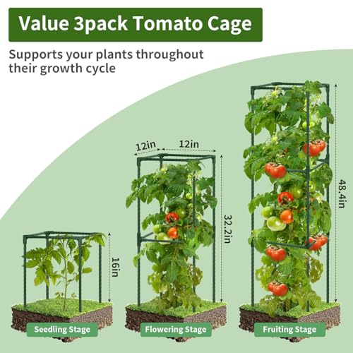 ROADPLUM 3 Pack 48" Tomato Cage for Garden, Heavy Duty Adjustable Plastic Coated Steel Pipe Tomato Stakes Trellis Plant Cages for Vegetable, Fruit, Flower, Rose Vine Climbing Plants - size: 3 PACK