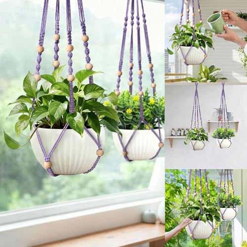 35 Inch Macrame Plant Hanger, Hanging Planter Basket with Wood Beads, Decorative Flower Pot Holder for Indoor Outdoor Boho Home Decor, Set of 2 (Purple) - color: Purple