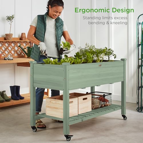 Best Choice Products Raised Garden Bed 48x24x32-inch Mobile Elevated Wood Planter w/Lockable Wheels, Storage Shelf, Protective Liner - Sage - color: Sage