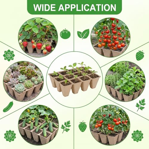 Prudiut 144 Cells Seed Starter Tray, 12 Pack Biodegradable Peat Pots Kit