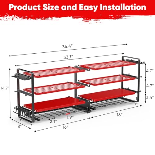 POKIPO Upgrade Large power tool organizer Wall Mount,4 Layers Heavy Duty Metal Loads 400lbs Power Tool Hanger Shelf Battery Storage with 8 Cordless Drill Bit Holder,Utility Racks for Garage Tool Room - color: Red