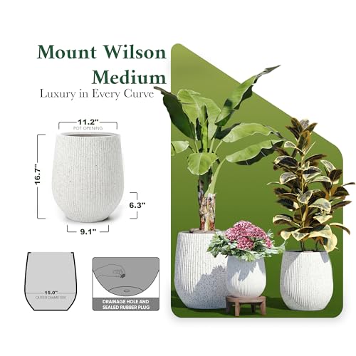 DTY Signature Mount Wilson Modern Indoor Outdoor Fiberstone Tapered Planter, Lightweight, Weather Resistant Garden Pot with Drainage Hole & Rubber Plug (Ribbed White, 15'' D x 16.7'' H) - color: Ribbed White, size: 15'' D x 16.7'' H