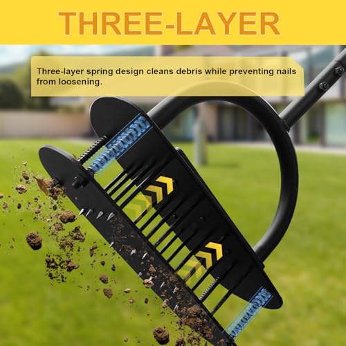 Aerator Lawn Tool, Manual Soil Aerating Lawn with 16 Iron Spikes, Lawn Aerators with Spring Automatic Dirt Clean & 3-Layer Anti-Loosening Design, Pre-Assembled Yard Grass Aerator for Lawn, Garden Tool