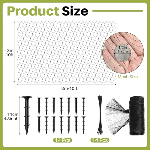 Koi Pond Netting Kit 10 x 10ft, Bird Deer Fence Netting, Durable Net Cover for Leaves, Heavy Duty Fine Mesh, Protect Fish from Blue Heron Birds, Cats & Predators, 14pcs Stakes & Ties Included - color: Black, size: 10 x 10ft