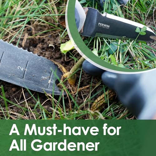 PERWIN Hori Hori Garden Knife, Garden Tools with Sheath for Weeding, Planting, Digging, 7" Stainless Steel Blade with Cutting Edge, Full-Tang Walnut Wood Handle with Hanging Hole - size: 7"