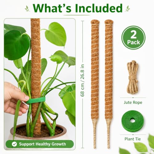 2 Pack 26.8'' Moss Pole for Monstera, Bendable Coco Coir Plant Support Stakes - size: 2 Pack(26.8-Inch)