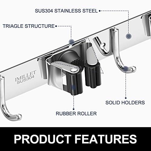 IMILLET Broom Holder Wall Mount,Heavy Duty Garage Organization Broom Hanger - color: 3 Racks with 4 Hooks, size: 1 Pack