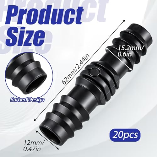20 Pcs Drip Irrigation Fittings Kits Barbed Coupling Fittings Hose Line Connectors Drips Line Coupler Connector Water Hose Connectors Fits for 1/2 Inch Tubing or OD 16mm Drip Tubing Sprinkle