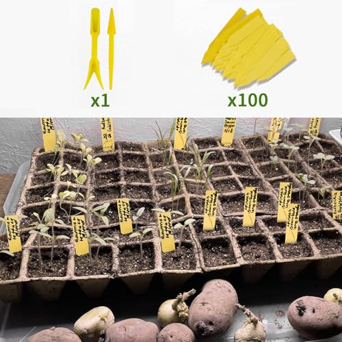 Seed Starter Tray 100 Cells, Biodegradable Peat Pots for Seedlings, 10 Pack 1.8" Square Pulp Nursery Cups with 100 Plant Labels and 2 Transplant Tools for Vegetable Herb