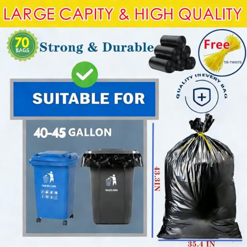 45 Gallon Trash Bags, Heavy Duty Garbage Bags 70 Count 2.0 Mil Extra Thick - size: 1 Count (Pack of 70)
