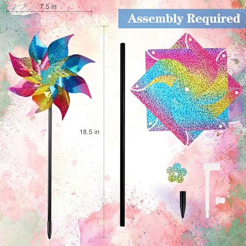 Hausse 10 Pack Reflective Pinwheels Wind Spinner (Assembly Required), Extra Sparkly Rainbow Pinwheel with Stakes, Bird Repellent Blinder Devices Scare Birds Away from Yard Patio Farm Garden, Colorful - color: Colorful