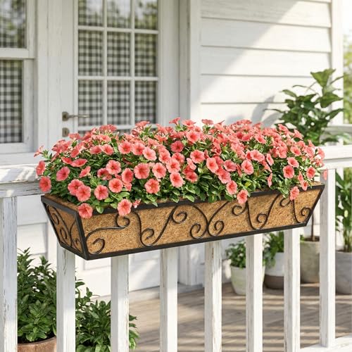 Y&M 30x7 Inch Black Outdoor Rectangular Window Box Planter - Rust Resistant Steel, Plastic Coated - Perfect for Railings, Walls, or Window Sills - Includes Coco Coir Liner - size: Butterfly 30in 2p