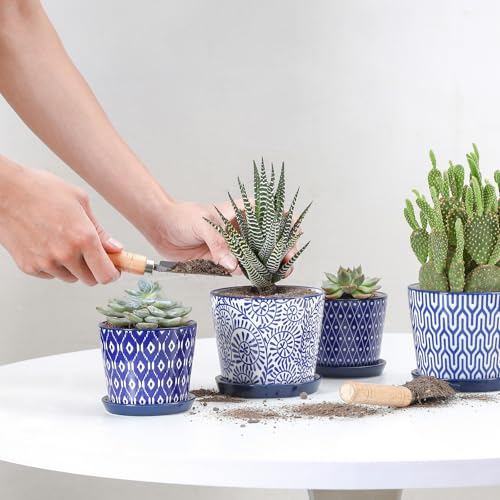 Selamica Ceramic Succulent Pots, 4.3 Inch Small Plant Pots with Drainage Holes and Saucers, Small Flower Pots for Succulent, Cactus, Home Decor, Set of 4, Vintage Blue - color: Vintage Blue, size: 4.3 Inch, Set of 4