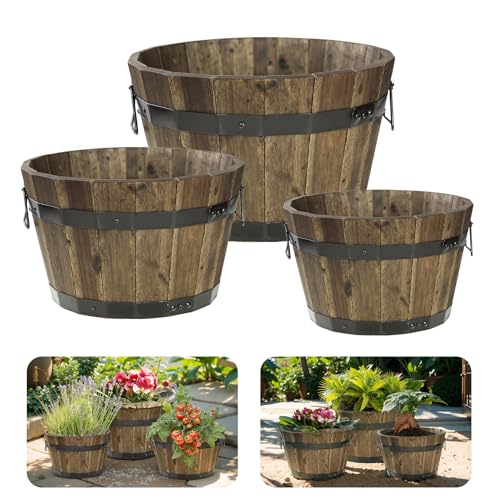 Idzo Set of 3 Wooden Flower Planters for Outdoor Plants, Acacia Wood Barrel Planters, Ergonomic Handles, Drainage Holes, Various Sizes, Walnut - color: Round Walnut_set 3