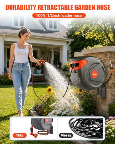 100FT Retractable Garden Hose Reel 1/2 Inch, Wall Mounted Heavy Duty Water Hose with Auto-Lock, Slow Return, 180° Swivel Bracket & 9-Pattern Spray Nozzle, UV Resistant Outdoor Hose Storage System