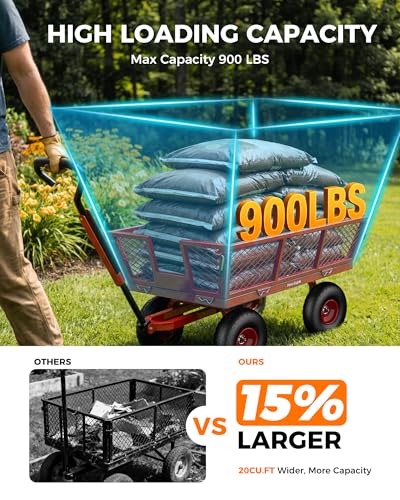 900 Lbs Heavy Duty Steel Garden Cart, Outdoor Metal Garden Wagon On Wheels, Utility Yard Cart with Mesh Removable Sides(Convert to Flatbed) and Removable Handle (to Wheel Barrow), Deep Red - color: Red