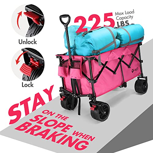 VILLEY Collapsible Folding Wagon with Big Wheels, Enlarged 225lbs Capacity, All Terrain Wagons Carts Heavy Duty Foldable, Portable Utility Garden Cart with 2 Cup Holders and Brake, Pink. - color: Pink