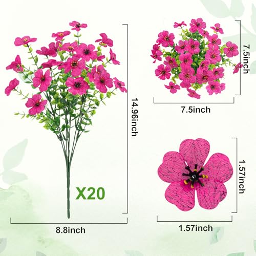 20 Bundles Artificial Flowers for Outdoors Fake Plants, Fuchsia - color: Fuchsia
