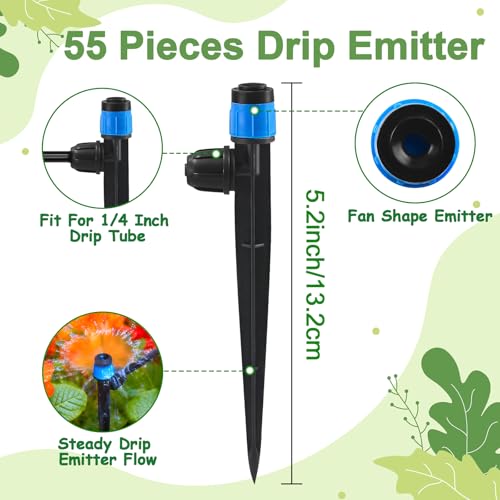 55 Pieces Drip Irrigation Emitters Vortex for 1/4" Tubing, Adjustable 360 Degree Water Flow Irrigation Fan Shape Spray Emitter On 5" Stake for Garden Watering System - color: Blue Lock Emitter-55P