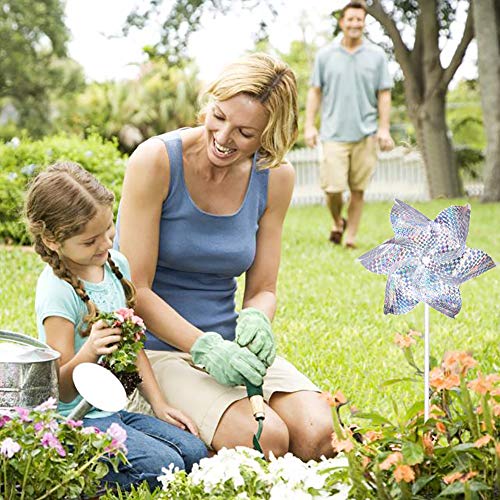 10 Pack Reflective Pinwheels for Garden Yard - Sparkly Silver Bird Deterrent Devices for Outside - Humane Woodpecker, Pigeon & Goose Repellent Wind Spinners - Decorative Mylar Pin Wheels with Stakes